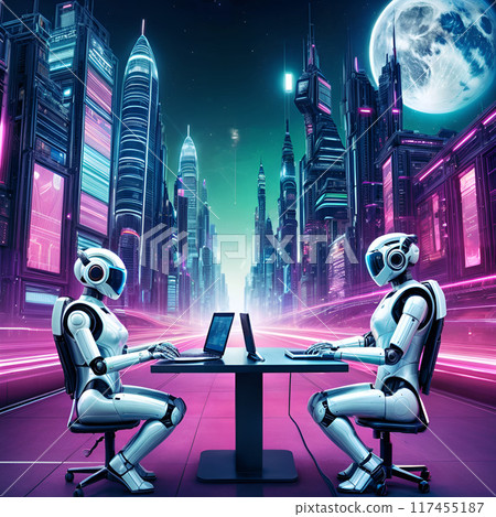Robots working everywhere in cities with high-tech computers. Robots working everywhere in cities with high-tech computers. 117455187