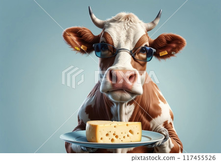 cute cow in sunglasses holding a plate of cheese cute cow in sunglasses holding a plate of cheese 117455526