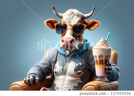 cute cow with sunglasses holding a big milkshake 117455530