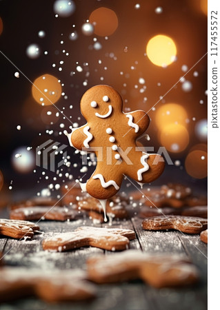 Gingerbread cookie in a milk splash. Traditional Christmas dessert. Generative Ai Gingerbread cookie in a milk splash. Traditional Christmas dessert. Generative Ai 117455572