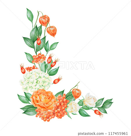 Orange and white roses, hydrangea, rowan berries and rose hips. Hand drawn watercolor isolated corner frame with fall vegetables and plants for banner template with copy space for text Orange and white roses, hydrangea, rowan berries and rose hips. Hand drawn watercolor isolated corner frame with fall vegetables and plants for banner template with copy space for text 117455961