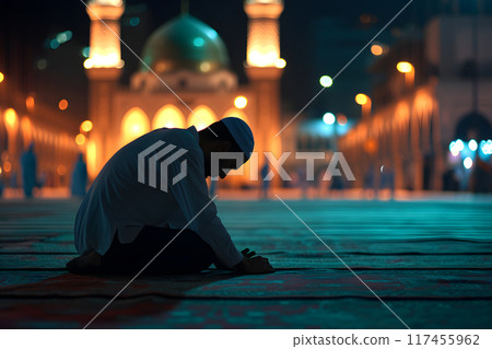 Muslim prayer praying at Ramadan night with selective focus, neural network generated image 117455962