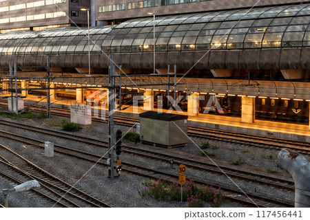 Empty train station in stockholm at night in summer 117456441