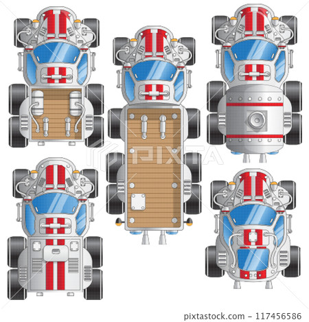 Set of futuristic trucks. Pixel art. View from above. Isolated on white background. Vector illustration.  117456586