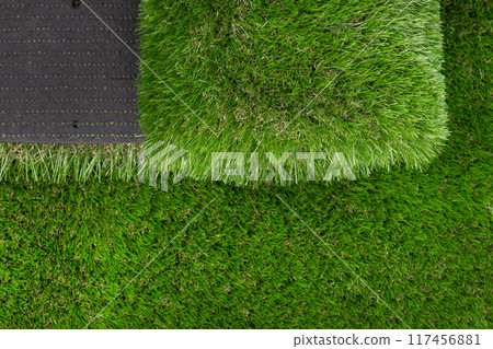 Synthetic Grass Turf Layers Showing Backing and Grass Fibers Synthetic Grass Turf Layers Showing Backing and Grass Fibers 117456881