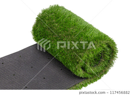 Roll of Synthetic Grass Turf on White Background Roll of Synthetic Grass Turf on White Background 117456882