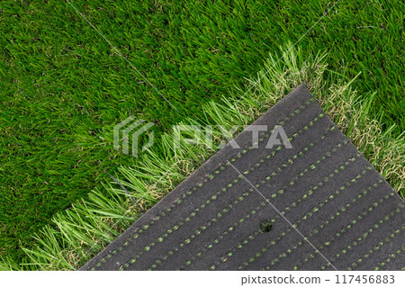 Synthetic Grass Turf Edges Displaying Backing and Grass Blades 117456883
