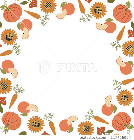 Healthy Autumn vegetables frame, organic vegetarian card design. Cute funny veggies Border background with natural farm pumpkin, carrot, apple. Colored childish kids flat vector Harvest illustration 117456964