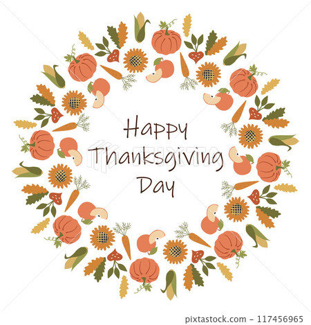Happy Thanksgiving Day Wreath of autumn leaves with pumpkins, carrot, Sunflower, Apples. Vector Flat or Cartoon Round Border frame with Lettering. Holiday Celebration Template for Card, Poster, Art 117456965