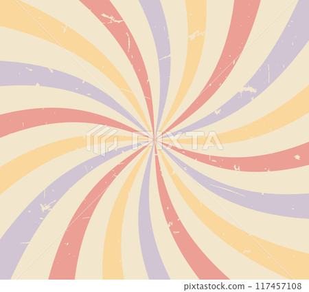 Groovy hippie retro style background with pastel colored twisted waves and grunge texture. 70 s style. Vector illustration 117457108