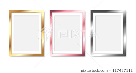 Set of modern metallic colored picture frames isolated on white background. Golden, pink and silver frame borders for poster, painting, photo. Vector illustration 117457111