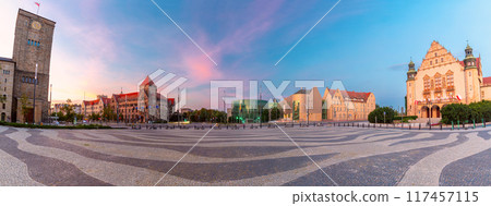 The old building of the Adam Mickiewicz University in Poznan during blue hour. 117457115