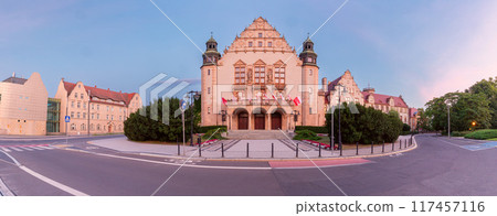 The old building of the Adam Mickiewicz University in Poznan during blue hour. The old building of the Adam Mickiewicz University in Poznan during blue hour. 117457116