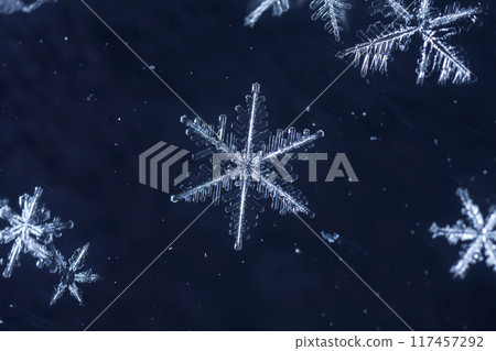 snapshot of a small snowflake taken during a snowfall 117457292