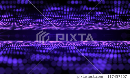 Specular ultraviolet waves glow. Parallel liquid animated landscape in purple color. Abstract background earth and sky. Symmetrical neon desert, sea horizon made 117457307