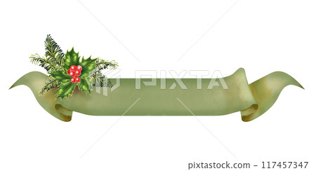 Christmas paper ribbon banner with green fir branches, holly berries. Watercolor botanical illustration isolated on white background. Vintage rolled up template for text. Rolled paper in green color Christmas paper ribbon banner with green fir branches, holly berries. Watercolor botanical illustration isolated on white background. Vintage rolled up template for text. Rolled paper in green color 117457347