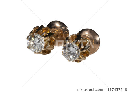 Diamond Earrings Isolated on White Background. Yellow Gold Diamond Earring Pair with 750 Stamp Denoting 18-Carat Yellow Gold. Diamond Earrings Isolated on White Background. Yellow Gold Diamond Earring Pair with 750 Stamp Denoting 18-Carat Yellow Gold. 117457348