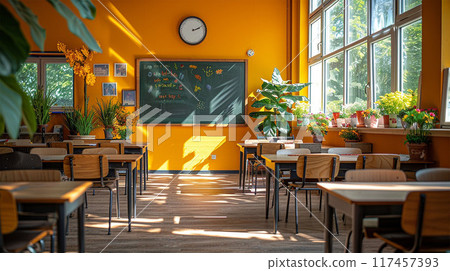 interior of empty classroom with educational supplies, and green blackboard 117457393