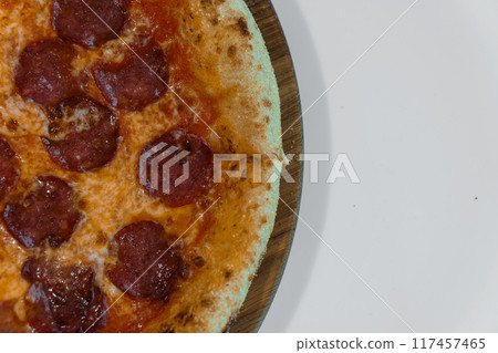 Pizza with salami and prosciutto. Meat pizza with cheese Pizza with salami and prosciutto. Meat pizza with cheese 117457465