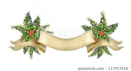 Christmas paper ribbon banner with green fir branches, holly berries. Watercolor botanical illustration isolated on white background. Vintage rolled up template for text. Rolled paper in beige color 117457638