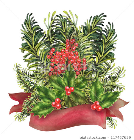 Christmas bouquet with paper ribbon banner with green fir branches, holly berries. Watercolor botanical illustration isolated on white back. Vintage rolled up template for text. Rolled paper in red 117457639