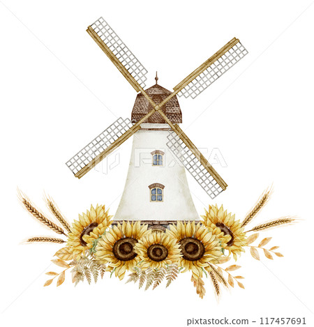 Watercolor Windmill with Sunflowers and Wheat. Illustration of vintage wind mill with autumn yellow flowers and spikelet. Drawing of rustic building with fall plants for harvest festival greeting card 117457691