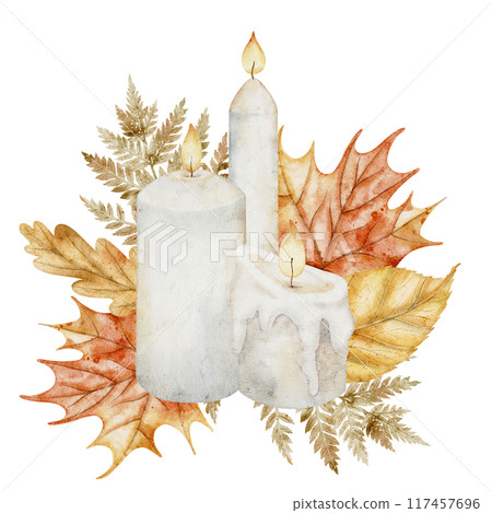 Candles with fall leaves watercolor illustration. Drawing of autumn plants with candlelight on isolated background. Art for harvest festival greeting cards or wedding invitations. 117457696