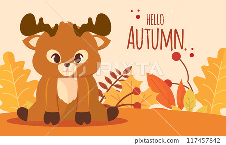 Cute deer with autumn leaves and text Hello Autumn, Vector 117457842