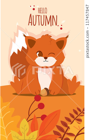 Cute squirrel with autumn leaves and text Hello Autumn, Vector 117457847