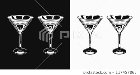 Halloween cocktail in martini glass with eyeball. Poison potion. Black and white illustration. Vintage style Halloween cocktail in martini glass with eyeball. Poison potion. Black and white illustration. Vintage style 117457863