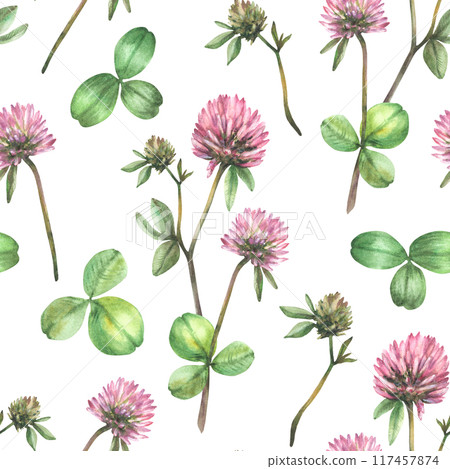 Clover flower twig with leaves and bud. Seamless pattern. Watercolor isolated illustration. Hand drawn pink field wildflowers for spring floral und botanical fabric, wallpaper Blooming meadow clipart  117457874