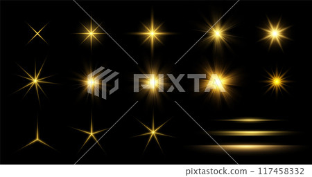 Gold Glow lighting Star. Collection of different light effects on black background. Transparent Sparkling stars. Realistic vector illustration 117458332