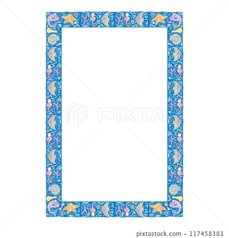 Underwater world hand drawn collection. Sketch illustration. Seaweed, coral, seashells, starfish, jellyfish, fish illustration 117458383