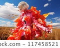 Vibrant fashion model dressed in floral ensemble surrounded by wheat field under blue sky 117458521