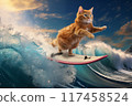 A ginger cat surfing on a pink board during a vibrant sunset over the ocean waves 117458524
