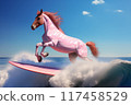 A pink horse surfing on a bright sunny day over the ocean waves 117458529