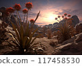 Vibrant desert landscape with unique flora at sunset in a rocky terrain 117458530
