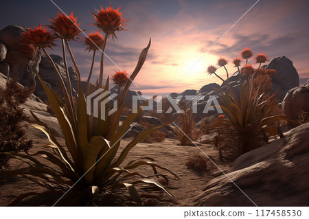 Vibrant desert landscape with unique flora at sunset in a rocky terrain 117458530
