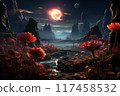 A surreal alien landscape with colorful flowers and celestial bodies under a night sky 117458532