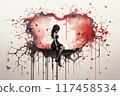 An artistic representation of heartbreak with a woman silhouetted against a broken heart background 117458534