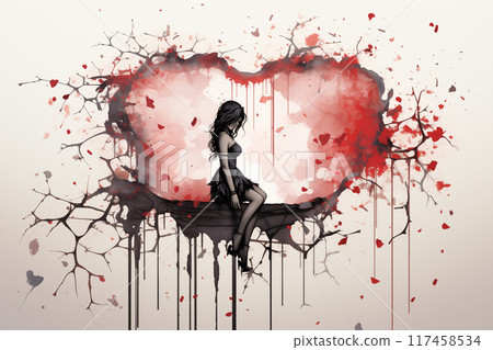 An artistic representation of heartbreak with a woman silhouetted against a broken heart background An artistic representation of heartbreak with a woman silhouetted against a broken heart background 117458534