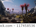 Vibrant alien landscape with unusual flora in a surreal martian environment at dusk 117458536