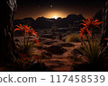 A breathtaking sunrise over alien landscape with vibrant red flowers and rocky terrain 117458539