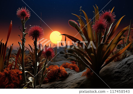 Vibrant desert landscape with unusual flora and setting sun at dusk Vibrant desert landscape with unusual flora and setting sun at dusk 117458543