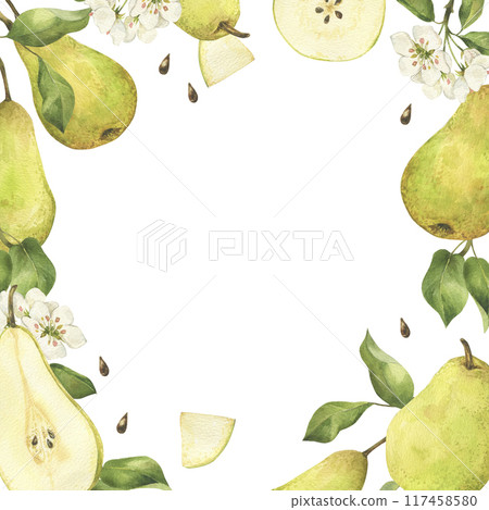 Green pear with flower and leaves square frame watercolor illustration isolated on white. Hand drawn blooming fruit tree and slice label template with copy space for text 117458580