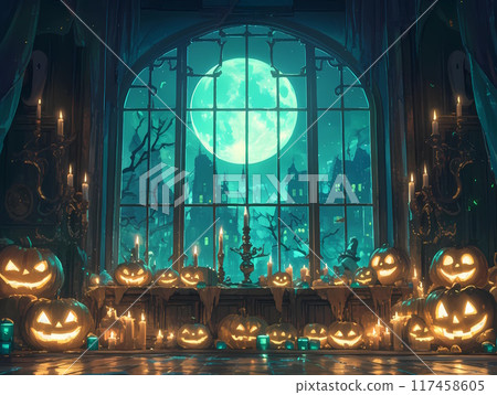 Jack-o'-lantern and full moon by the window 117458605