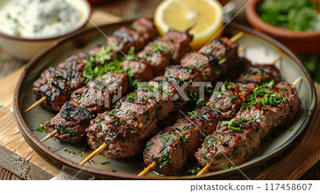 kebabs topped with chopped fresh parsley 117458607