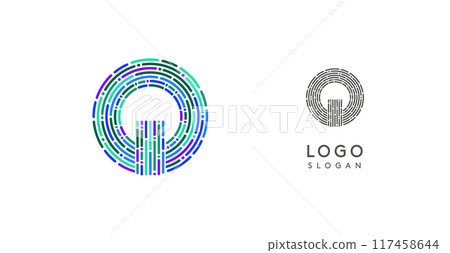Colorful abstract letter Q logo design with futuristic circuit pattern. Ideal for tech companies, digital media, software, apps, networking, branding. Vector illustration. 117458644