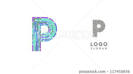 Colorful abstract letter P logo design with futuristic circuit pattern. Ideal for tech companies, digital media, software, apps, networking, branding. Vector illustration. 117458656