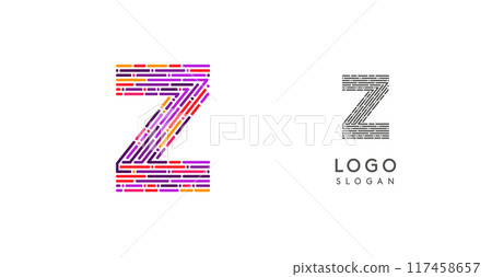 Colorful abstract letter Z logo design with futuristic circuit pattern. Ideal for tech companies, digital media, software, apps, networking, branding. Vector illustration. 117458657